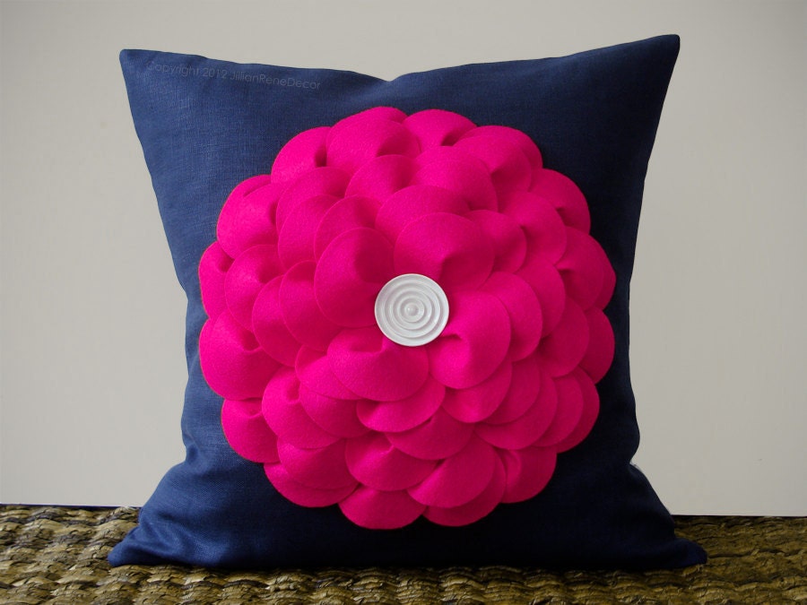 Hot Pink Flower Pillow Cushion in Navy Linen with White Button Center by JillianReneDecor Bright Decorative Spring Home Decor Gift for Her