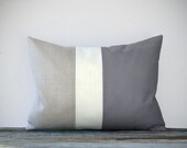 Minimal Color Block Decorative Pillow with Gray, Cream and Natural Linen Stripes by JillianReneDecor Modern Home Decor Color-block