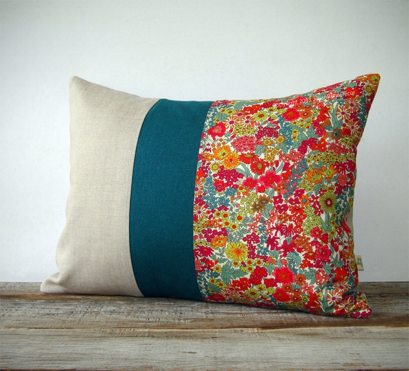 Floral Decorative Pillow - Margaret Annie Liberty Print - Bright Summer Home Decor by JillianReneDecor - Teal Stripe Pillow