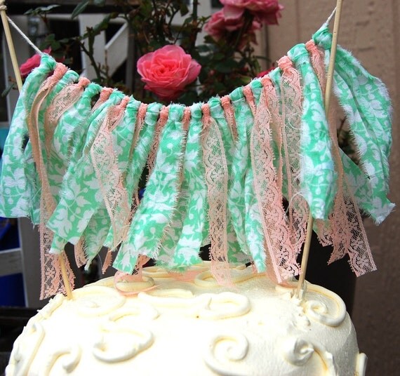 Mint and Peach Fabric Scrap Bunting Cake Topper Garland Il_570xn