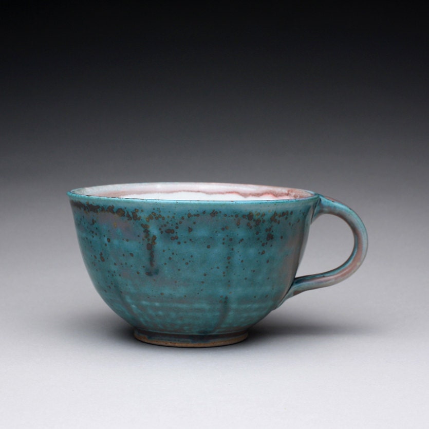 handmade teacup, pottery mug with satin green and white glazes