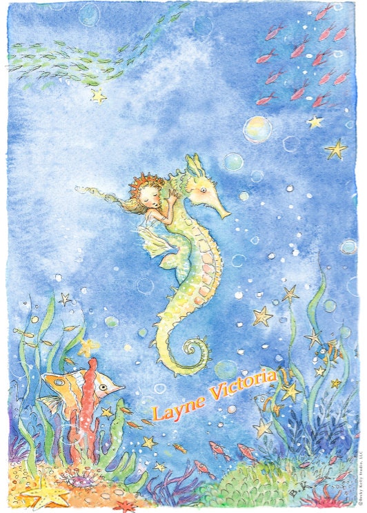 Personalized Extra Large Print,  Under the Sea -  Seahorse and Mermaid Signed Print, XL 11 X 14