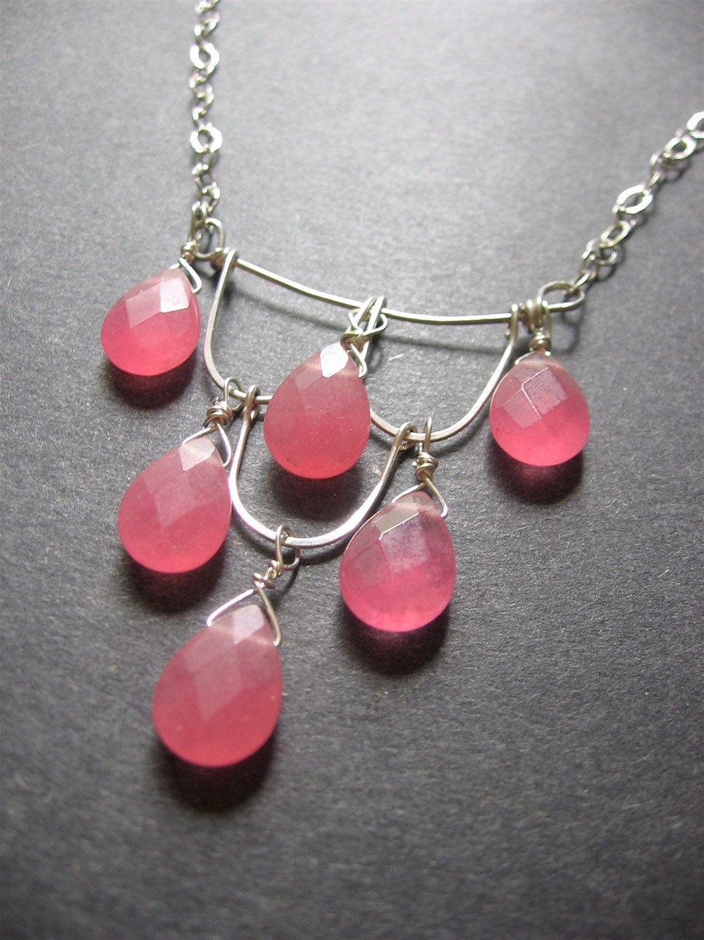 Pink Statement Necklace, Sterling Silver Jade Bib Necklace. Pink Necklace  - Melrose Necklace