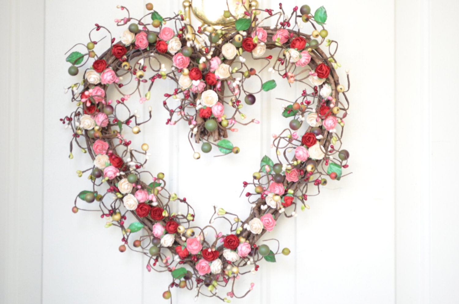 Kitchen heart shaped wreath -  red, pink, cream -  Spring home decor