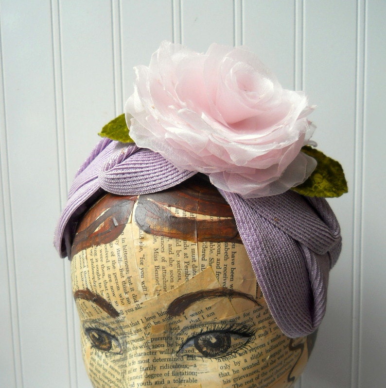 Vintage lilac lavender bandeau hat headpiece with handmade pale pink rose