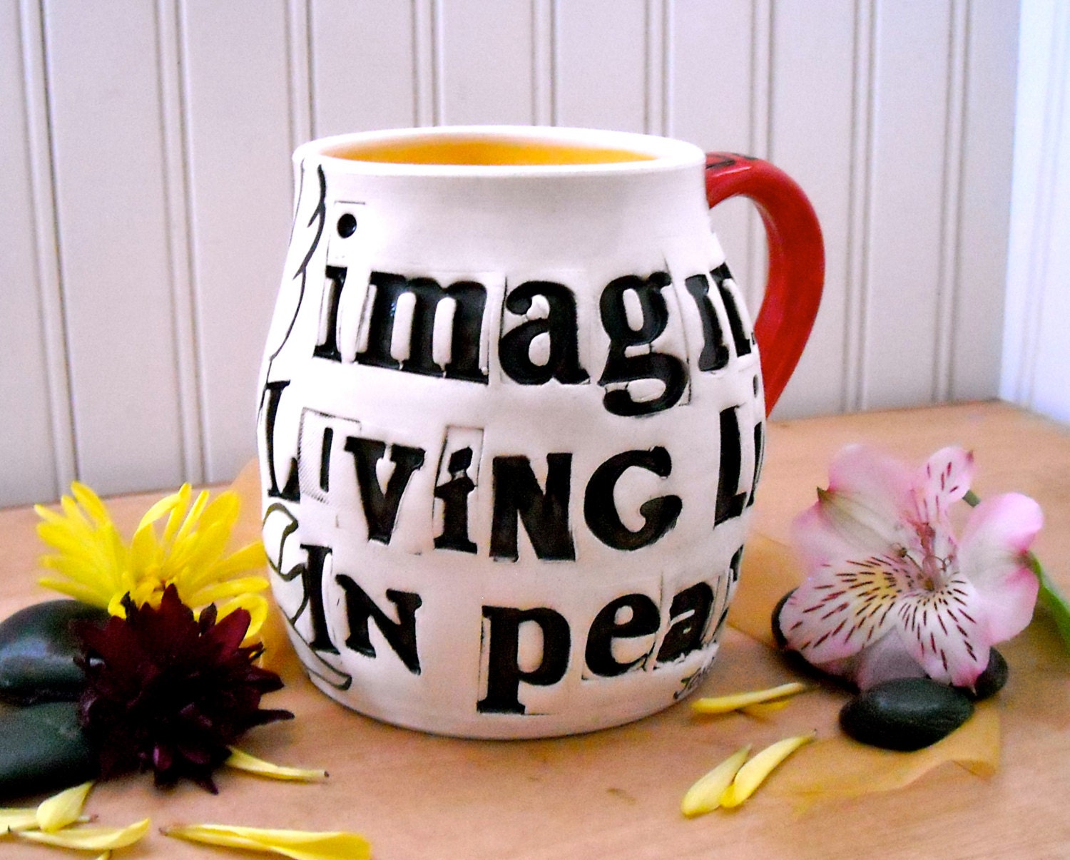 Peace Doves Mug - Imagine - Rustic HandMade John Lennon Words, Quote Extra Large Coffee Mug - Letterpress Stamped Wheel Thrown Tea Cup