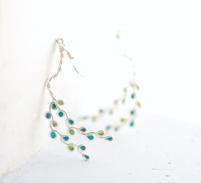 Windswept Tree Branch Earrings in Turquoise Teal and Jade Green, Sterling Silver Artisan Jewelry, Leaves Woodlands...