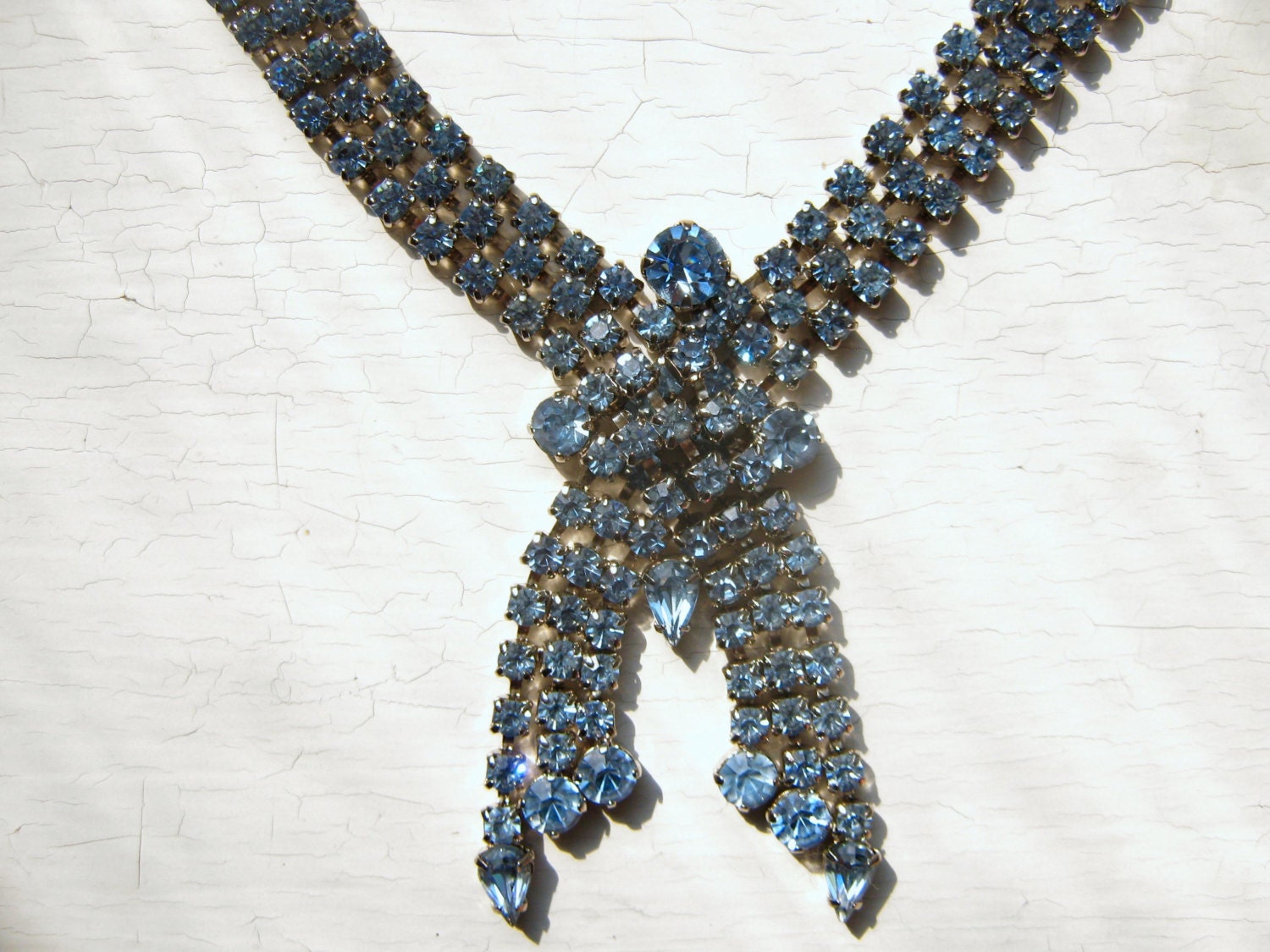 Wide Art Deco Blue Rhinestone Necklace Downtown Abbey Flapper Style 1950's 60's vintage