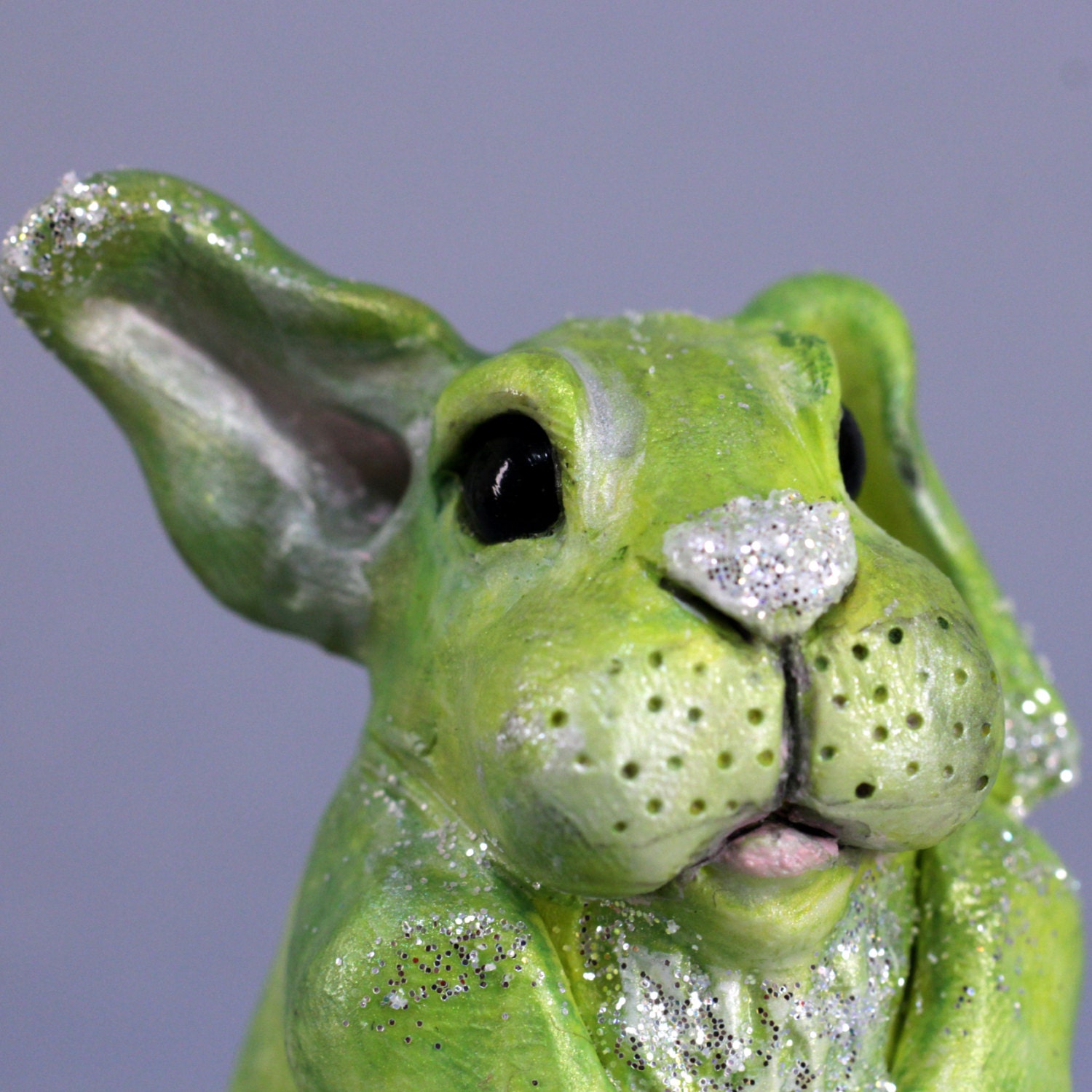Green Bunny, lime green bunny sculpture, wild hare, sparkly bunny