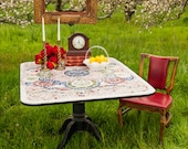 Broken China Mosaic Table - Vintage - Mosaic Table - Drop Leaf Kitchen Table - Transferware - Duncan Phyfe - Red Blue Green Black