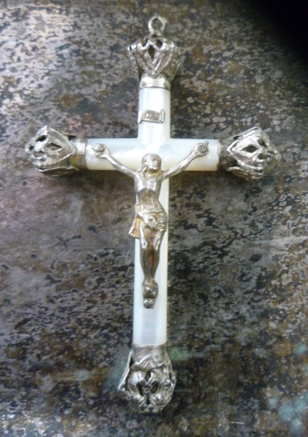 SALE use coupon code--antique french mother of pearl crucifix cross
