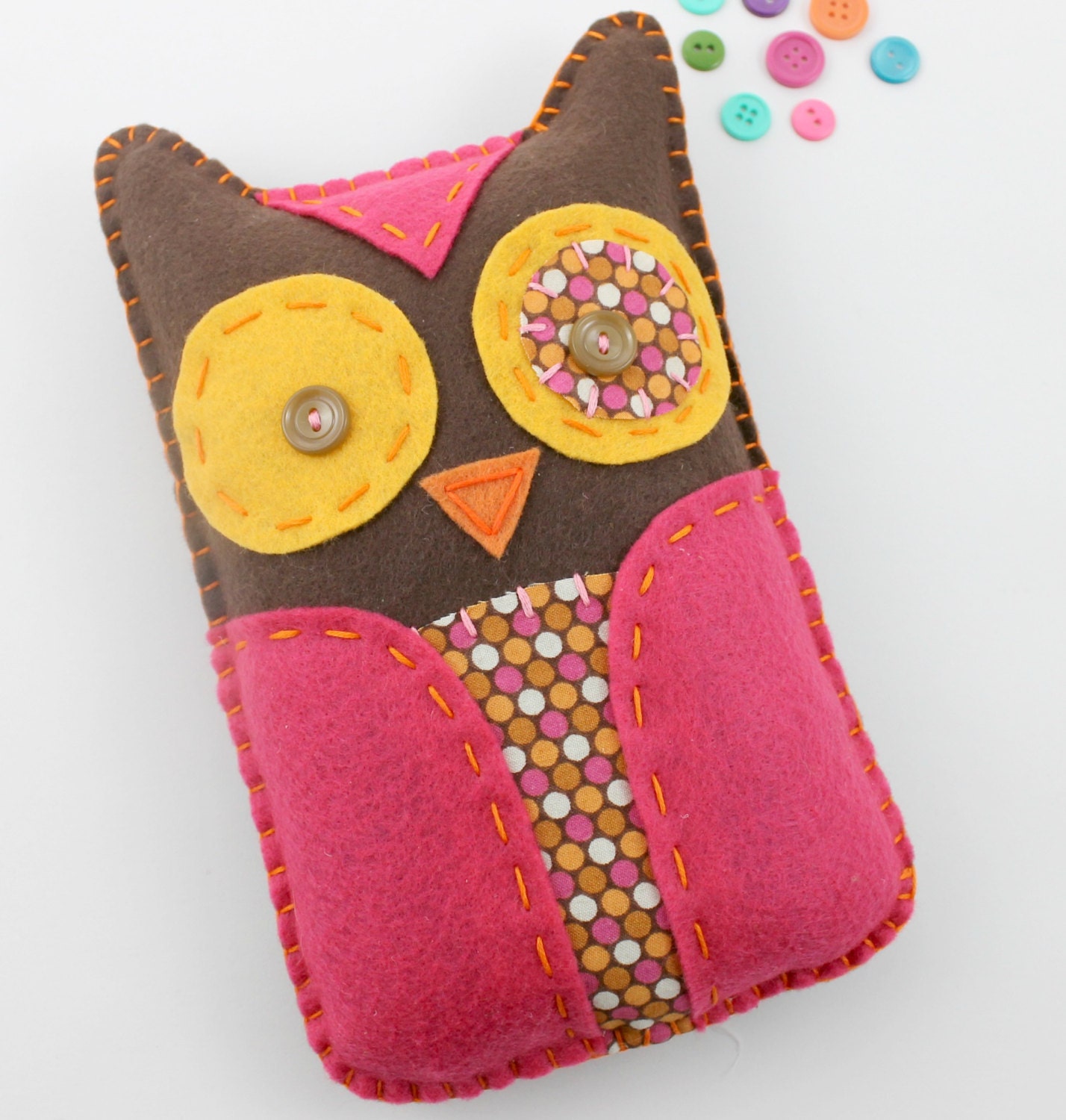 Felt Owl Stuffed Toy Softie Plush  Pink Yellow Brown Woodland Nursery Gift Hand Stitched