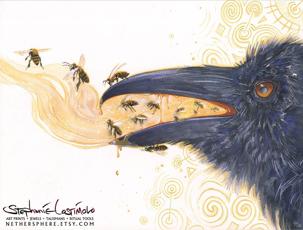 Honeybreath - Celtic Raven Bee Goddess Shaman Art Print 11x17