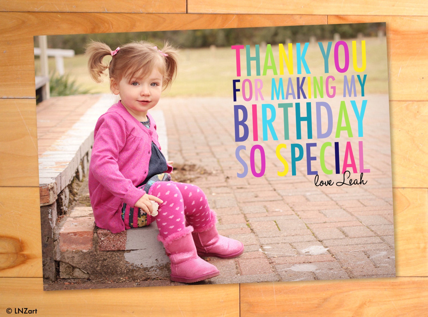 Childrens Thank You Photo Card, Birthday Thank You, Custom Thank You Card, Rainbow, Big Block Letters