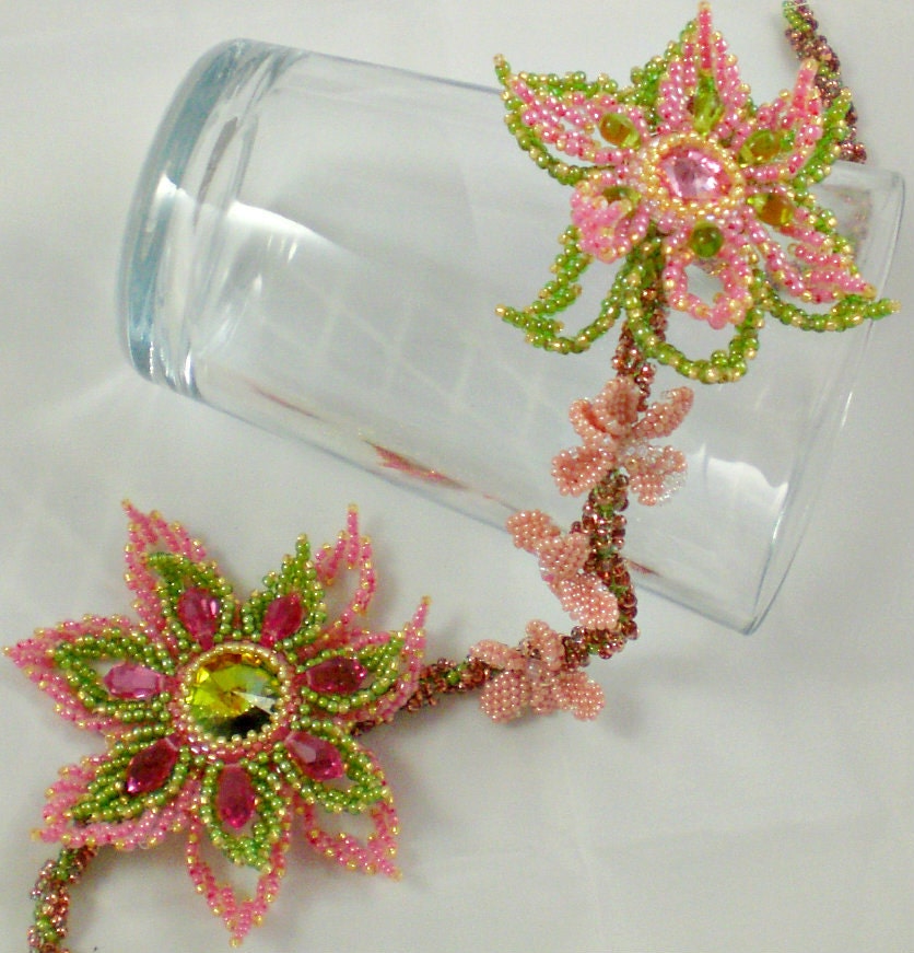 Rivoli Crystal Beadwoven Necklace Pink  Coral Olive Green Brown  Unique Beaded Beadwork Beadweaving Jewelry  Sakura