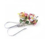 Beaded Dangle Earrings, OOAK Handcrafted Glass Earrings, Pink, Green & Cream Lampwork Glass Flower Earrings, Lampwork Bead Earrings
