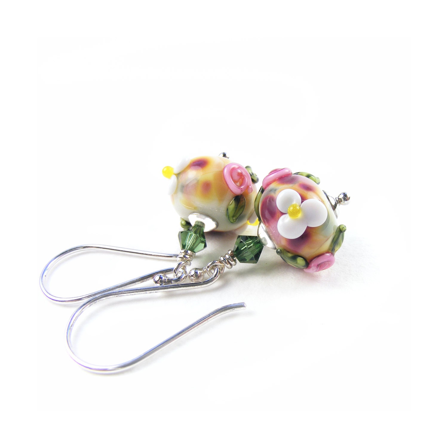 Beaded Dangle Earrings, OOAK Handcrafted Glass Earrings, Pink, Green & Cream Lampwork Glass Flower Earrings, Lampwork Bead Earrings