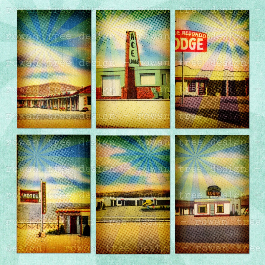 Digital Collage Sheet RETRO MOTELS Rectangles 1.25x2in 1950s - no. 0208
