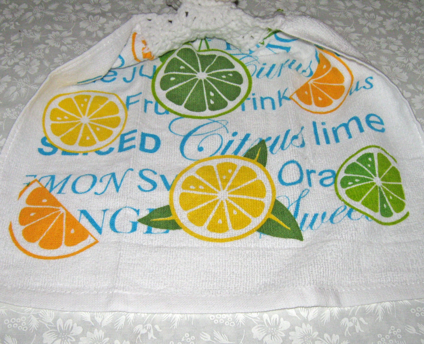 Crochet hanging towel, Citrus Slices, white top