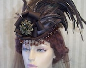 Victorian Mini Riding Hat Steampunk Hat Kentucky Derby Hat Civil War Hat Feathers