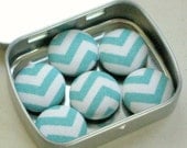 Chevron in Aqua and White. . . Set of 6 Fabric Magnets. Gift Tin