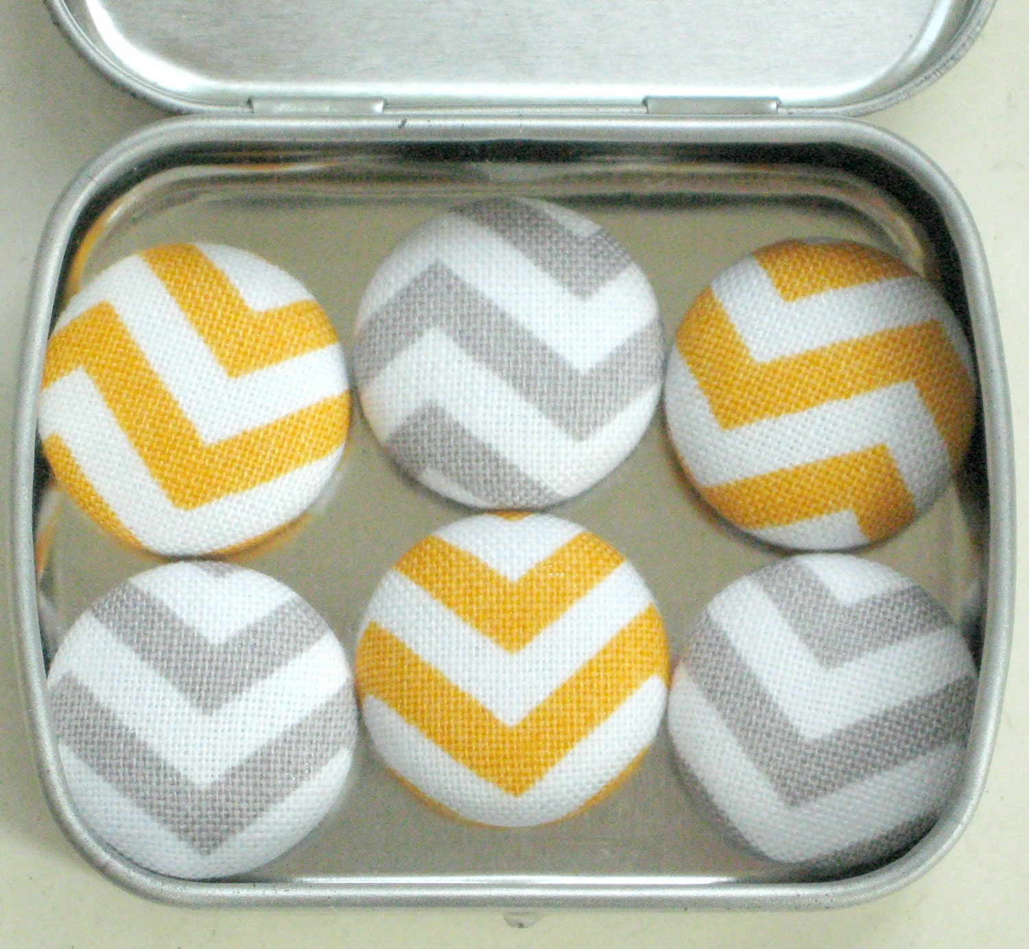 Chevron. . . 6 Fabric Magnets. Orange-Yellow, Gray & White. Decorator Magnets. Gift Tin