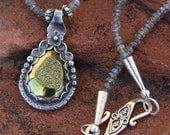Labradorite Sterling Silver and Olive Green Titanium Druzy Metalwork Pendant Necklace