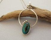 Modern Chrysocolla Circle Necklace. Wrapped Sterling Silver Metalwork Necklace. Pendant. Blue Green