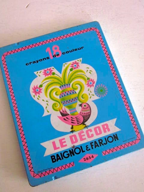 Vintage  French Folk Bird Pencil Tin