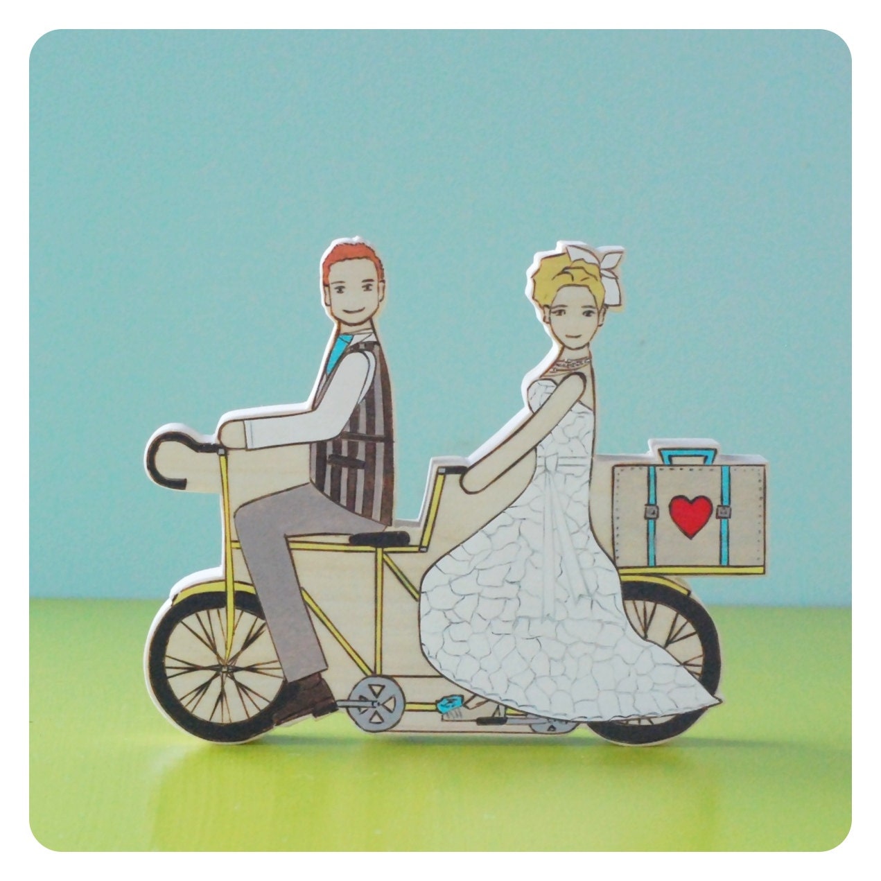 Custom Wedding Cake Topper Couple on a Double Bike with Suitecase