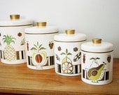 vintage 50s Mid Century Pineapples Welcome Ransburg Metal Kitchen Canisters Set