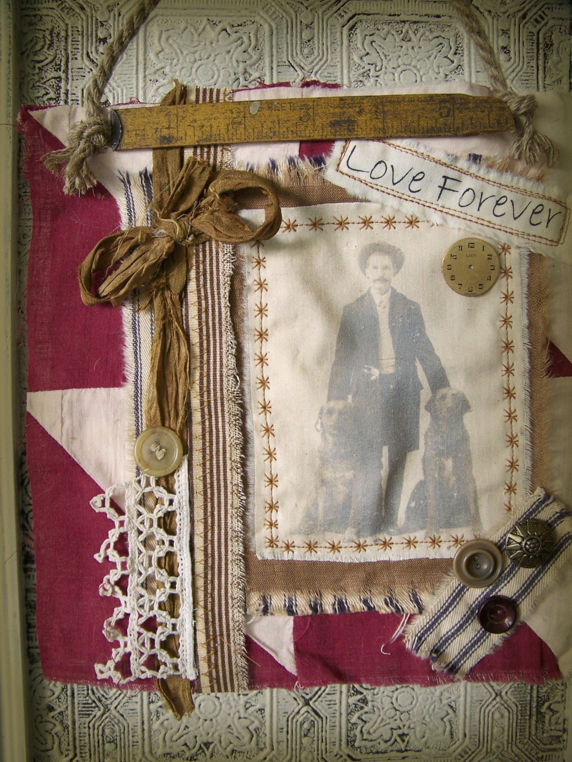 Original  Dog Art Dog Collage Vintage Dog Wall Hanging Mixed Media Fabric Collage Antique Quilt  Vintage Style Decor Vintage Red