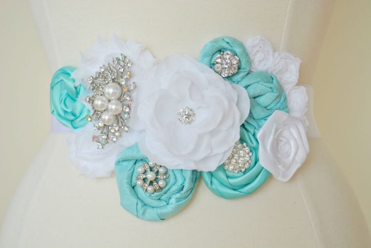 Tiffany Blue and White Bridal Sash - White Flower Jeweled Bridal Wedding Belt - READY TO SHIP