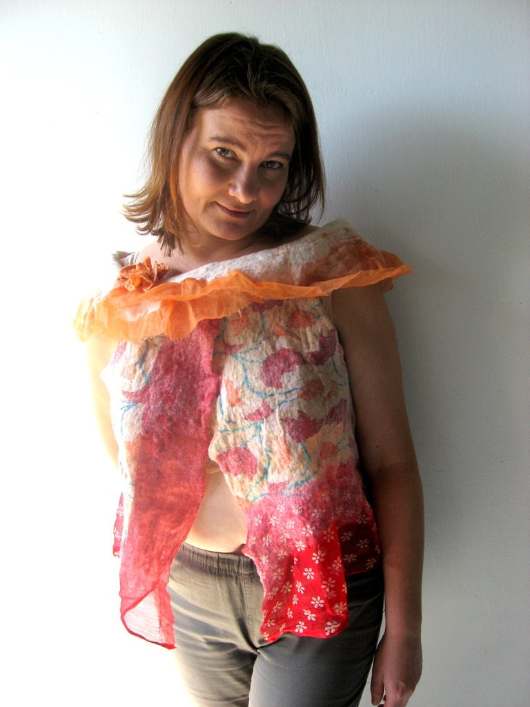 Nuno Felted Silk Bolero Vest  with Red Tulips Size M