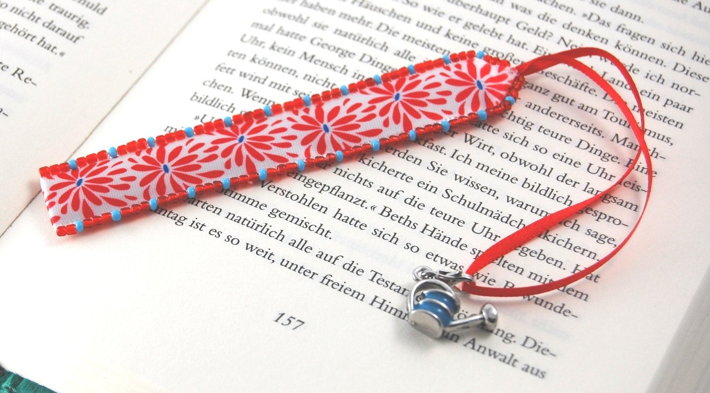 Satin Bookmark 'Watering Can' with watering can charm removeable
