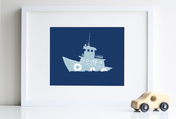 Nautical Nursery Art, tugboat silhouette 8 x 10 modern art print - different sizes and colors available