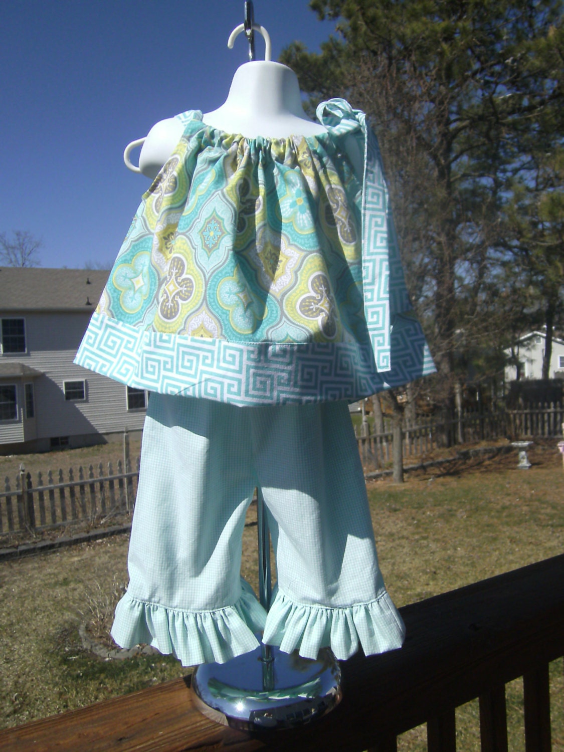 Girls 2pc Summer Outfit, Top and Ruffled Capris, Aqua,Green,Sizes 12Mo.24mo-2t,3t,4t,5