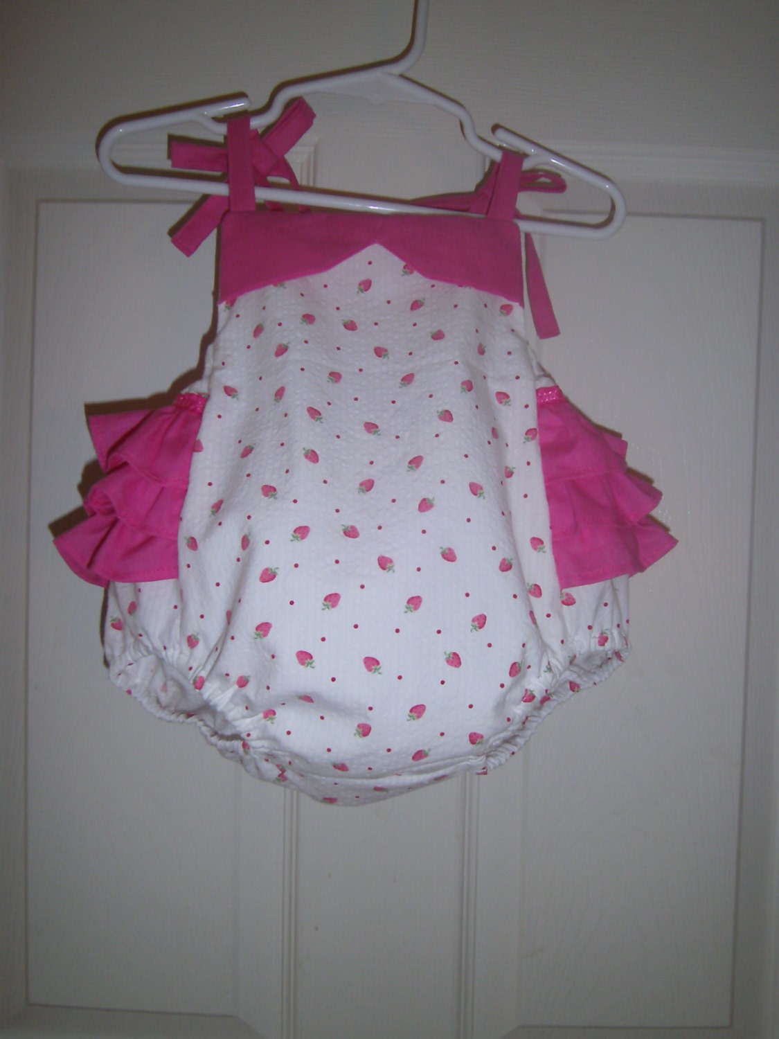 Strawberry Baby Ruffle Romper,  Hot Pink , White Strawberry Print Seersucker,  sizes ,6-9mo,12-18mo
