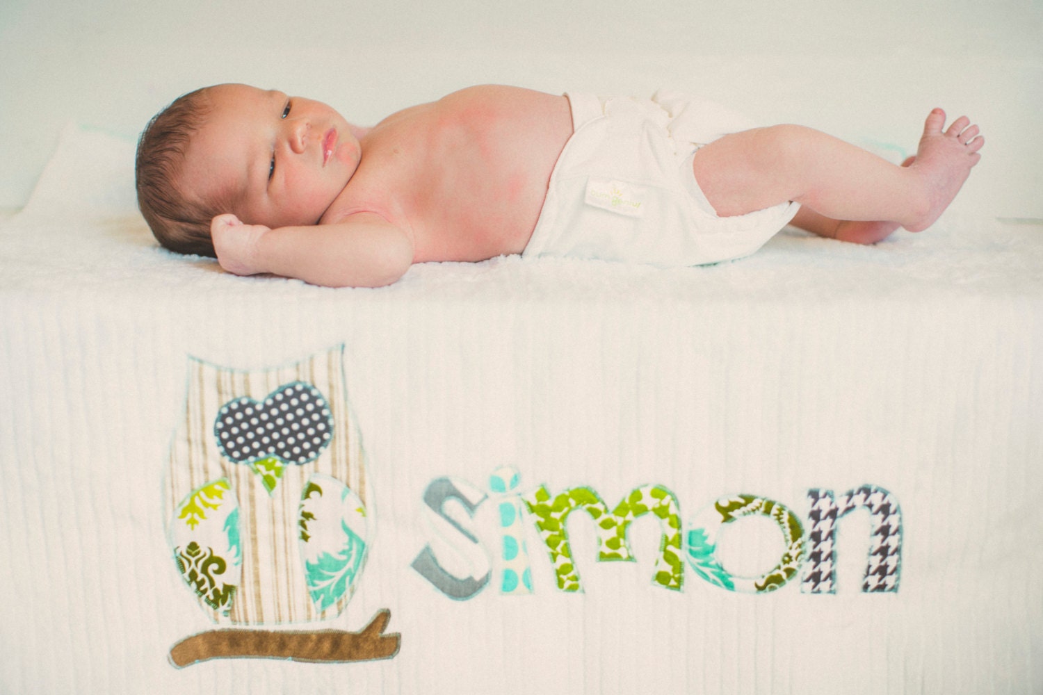 Monogrammed Baby Blanket in OPAL, Mint Green Dot Minky and White Chenille, Personalized with Your Baby Boy's First Name
