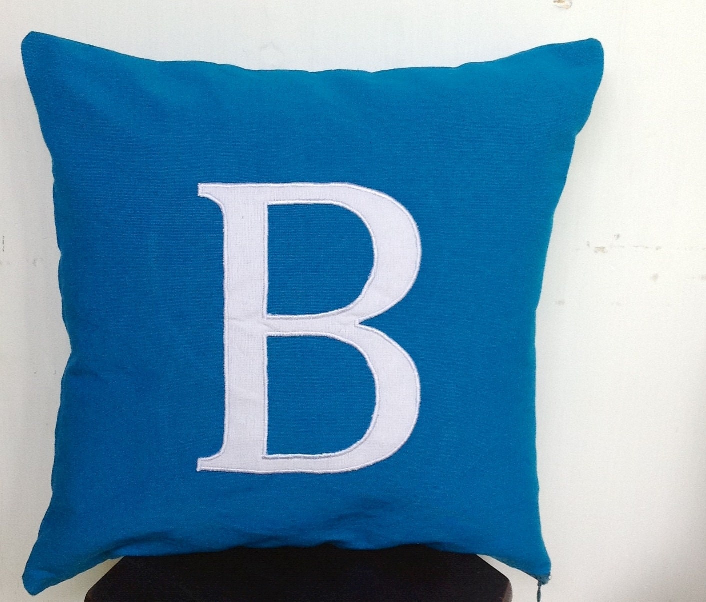Monogramed Custom 18x18 Blue Decorative Pillow with Appliquéd in White Letter