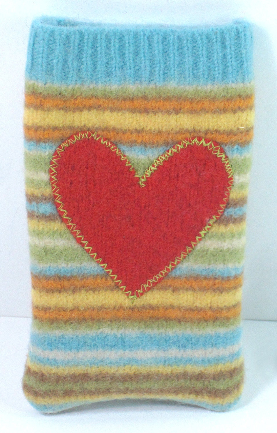stripey iphone case, iphone cozy, with orange red heart applique - felted wool, recycled sweater, one of a kind