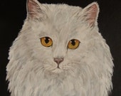 White Long-Hair Cat on Black Background, original painting