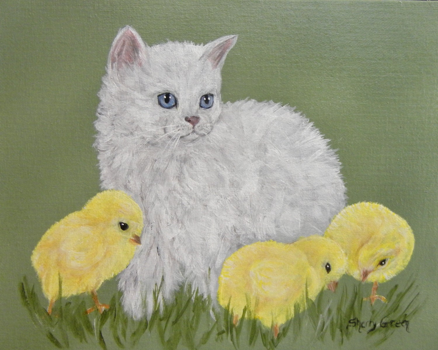 White Kitten & Chicks, original painting