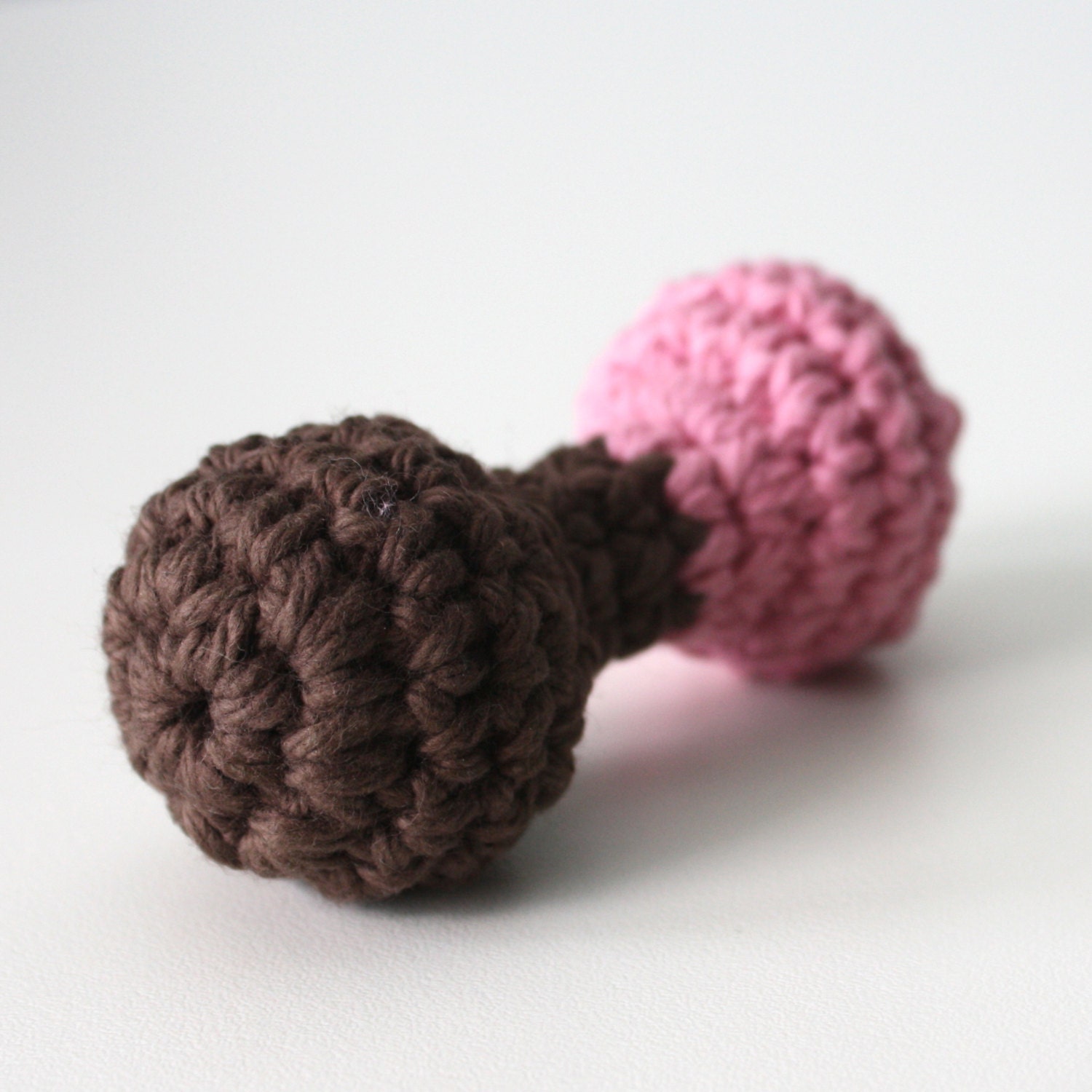 Brown and Pink Baby Rattle - Three months old and up-Crocheted Cotton over bells