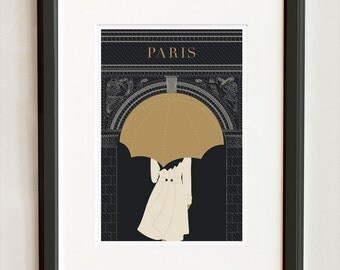 Illustration, Paris Print , Umbrella, Arc de Triomphe - 13x19 Art Print, Art Poster, Umbrella Drawing, Black and Gold Paris,