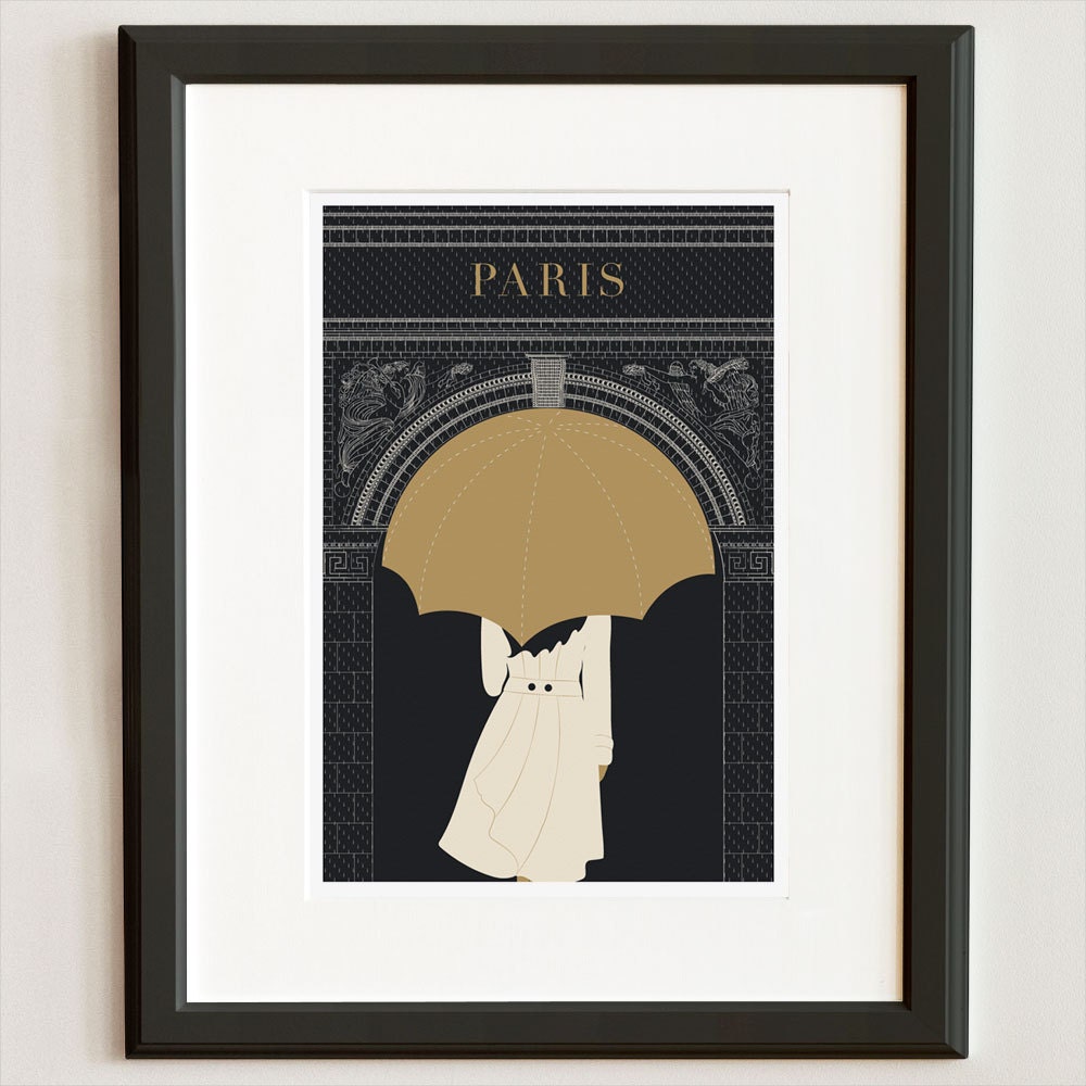 Illustration, Paris Print , Umbrella, Arc de Triomphe - 13x19 Art Print, Art Poster, Umbrella Drawing, Black and Gold Paris,
