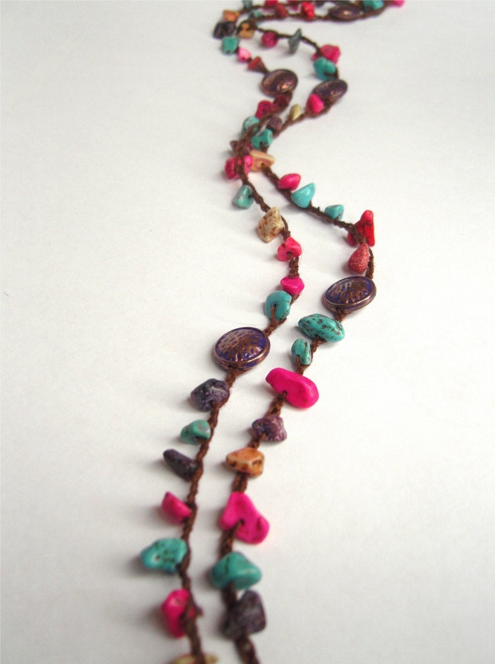 Wraparound Long Necklace / Bracelet - Rainbow Jasper -   Pink Purple Turquoise Golden Yellow Boho Bohemian Bright Colorful Crochet
