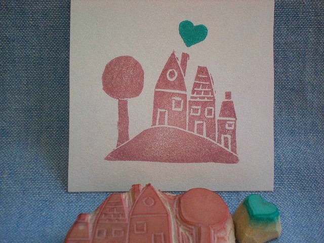 houses on a hill stamp, tiny heart stamp, hand carved rubber stamps, handmade rubber stamp set