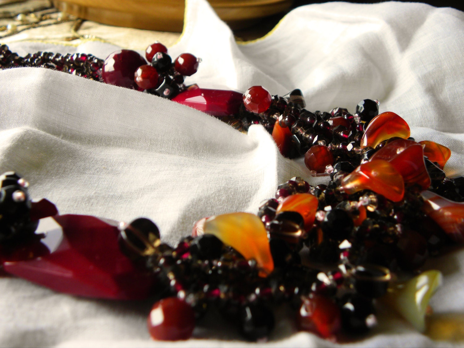 Large Ruby Red Stone, 5 Strand, Flowerette Necklace, Sterling Clasp, Vintage Shipping Included to USA