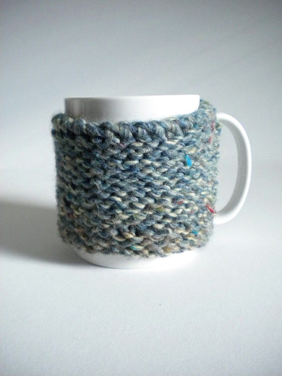 Blue Grey Mug Cozy - Hand Knit Cosy Sweater - Wool Reversible Tea Mug Wrap
